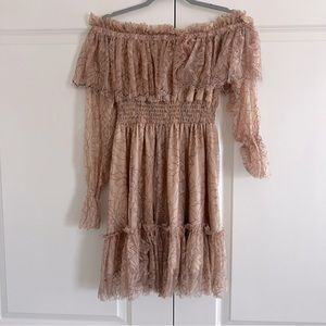 Off Shoulder Lace Mini A-line Mesh Sheer Long Sleeve Casual Cocktail Dress